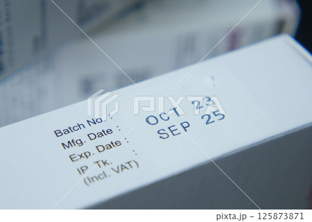 Batch information displayed on medicine packet Batch information displayed on medicine packet 125873871