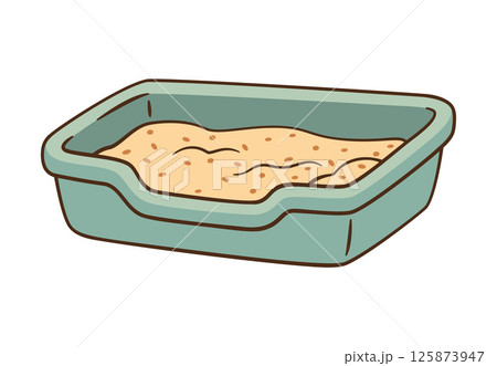 Vector cat litter box with cat filler. Hand drawn flat design. Pet store product 125873947