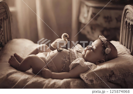 Vintage style baby portrait with a duckling on tummy, lying on ornate bed, wearing floral headband and lace outfit, bathed in soft warm light, dreamy and nostalgic nursery themed scene 125874068