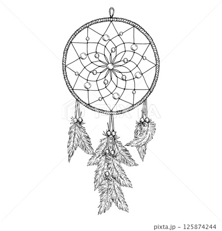 Vector illustration of a detailed dreamcatcher with spiral web, beads, and hanging feathers. Hand-drawn in ink line art style. Perfect for boho designs, spiritual products, crafts, and decor. 125874244