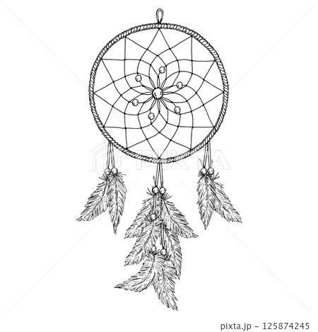 Vector illustration of a hand-drawn dreamcatcher with feathers and beads, created in ink line art. Suitable for esoteric designs, boho themes, crafts, textile prints, and wall decor. Vector illustration of a hand-drawn dreamcatcher with feathers and beads, created in ink line art. Suitable for esoteric designs, boho themes, crafts, textile prints, and wall decor. 125874245