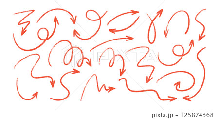 Red pencil arrow doodles set - hand drawn swirls, curved lines, chaotic pointers. Chalk sketches, artistic design elements pack. Grunge style marker scribbles, crayon strokes outline drawings. Red pencil arrow doodles set - hand drawn swirls, curved lines, chaotic pointers. Chalk sketches, artistic design elements pack. Grunge style marker scribbles, crayon strokes outline drawings. 125874368