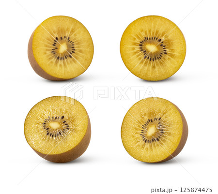 Half of golden kiwi fruit isolated on white background. Slice of golden kiwis collection. 125874475