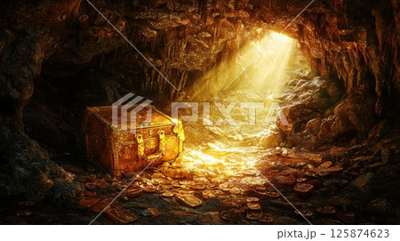 宝箱と金貨が輝く洞窟の幻想風景 125874623