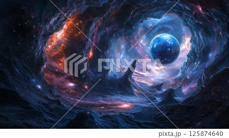 惑星が渦巻く幻想的な宇宙空間 125874640