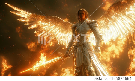 炎の中に立つ銀の鎧の戦士天使 125874664