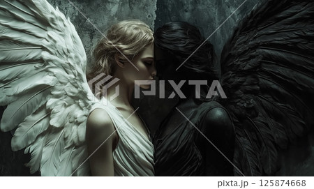 寄り添う白と黒の女性天使たちの対比 125874668