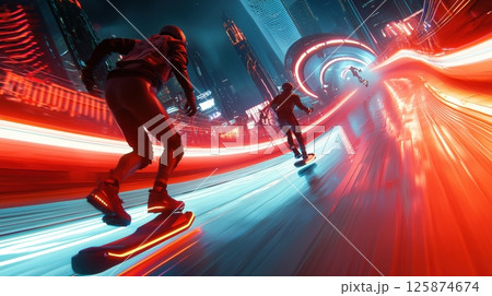 近未来の都市で繰り広げられる高速ホバーレース 125874674