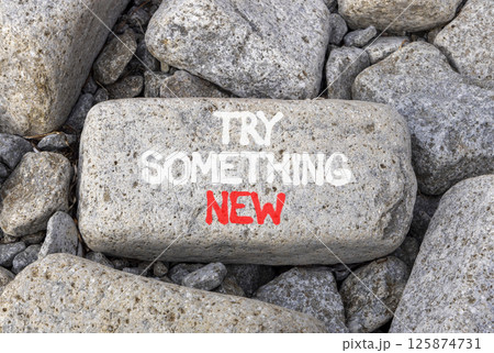 Try something new symbol. Concept words Try something new on beautiful grey stone. Beautiful grey mountain stone background. Business motivational lifestyle try something new concept. Copy space. 125874731