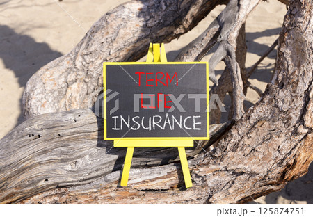 Term life insurance symbol. Concept words Term life insurance on beautiful black yellow blackboard. Beautiful old wood and sand background. Business term life insurance concept. Copy space. 125874751