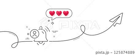 User notification line icon. Continuous line with share plane. Alarm bell reminder sign. Message alert symbol. Hearts rate review in speech bubble. User notification single line ribbon. Vector User notification line icon. Continuous line with share plane. Alarm bell reminder sign. Message alert symbol. Hearts rate review in speech bubble. User notification single line ribbon. Vector 125874889