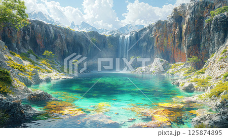 A picturesque landscape featuring a cascading waterfall flowing into a vivid turquoise lake. A picturesque landscape featuring a cascading waterfall flowing into a vivid turquoise lake. 125874895