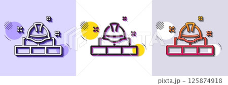 Construction builder line icon. Halftone dotted pattern. Gradient icon with grain shadow. Engineer or architect helmet sign. Bricks symbol. Line construction bricks icon. Various designs. Vector 125874918