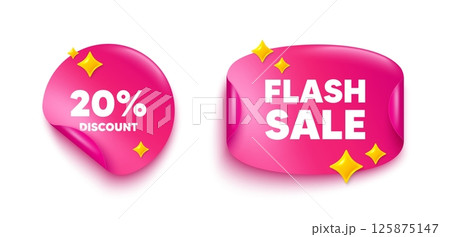Discount sticker tag. Flash offer paper price banner. 20 percent discount tag. Sale offer price sign. Special offer symbol. Discount sticker with 3d glitter. Vector 125875147