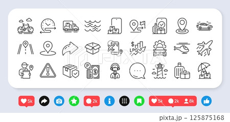 Time schedule, Parking payment and Car service line icons pack. Social media: share, comment, like icons. Baggage, Plane, Helicopter web icon. Delivery man, Car, Parcel insurance pictogram. Vector Time schedule, Parking payment and Car service line icons pack. Social media: share, comment, like icons. Baggage, Plane, Helicopter web icon. Delivery man, Car, Parcel insurance pictogram. Vector 125875168