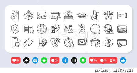 Freezing, Download photo and Safe box line icons pack. Social media: share, comment, like icons. Send box, Typewriter, Charging station web icon. Chemical hazard, Timer, Calendar pictogram. Vector 125875223