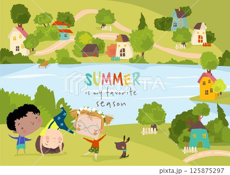 Happy Kids playing in Meadow in countryside village surrounded by a garden and trees Happy Kids playing in Meadow in countryside village surrounded by a garden and trees 125875297
