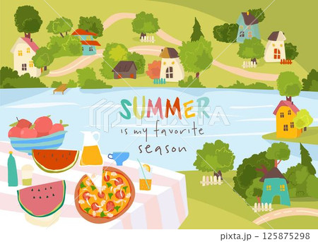 Table with delicious Food in summer countryside village surrounded by a garden and trees 125875298