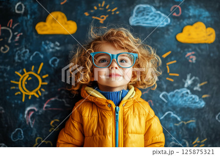 Curly-haired child in blue glasses and yellow jacket stands against a chalkboard with colorful clouds and sun drawings. 125875321