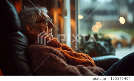 Elderly man with glasses and scarf sits on a chair, looking out a rainy window with blurred lights. Concept of contemplation and solitude. For a retirement lifestyle photo. Elderly man with glasses and scarf sits on a chair, looking out a rainy window with blurred lights. Concept of contemplation and solitude. For a retirement lifestyle photo. 125875404