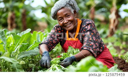 Elderly woman in a red apron happily harvesting greens in a lush vegetable garden. Concept of sustainable farming. For agriculture or lifestyle photo. Elderly woman in a red apron happily harvesting greens in a lush vegetable garden. Concept of sustainable farming. For agriculture or lifestyle photo. 125875459