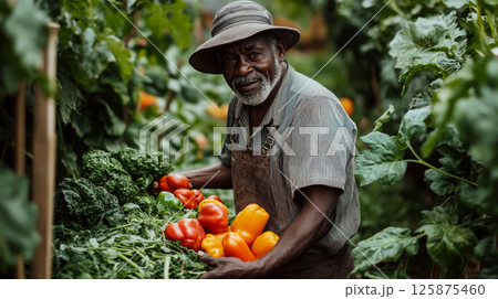 Man in a garden holds red and yellow peppers, surrounded by leafy greens and plants, wearing a hat. Concept of farming and harvest. For gardening advertisement. 125875460