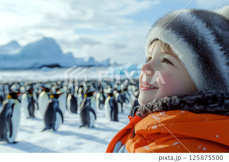 Child in an orange jacket and fur hat smiling, standing in front of a group of penguins with icy landscape and cloudy sky in the background. 125875500