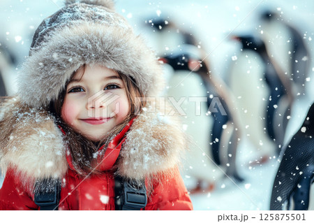 Child in a red coat with fur hat smiling amid falling snow and blurred penguins in background. 125875501