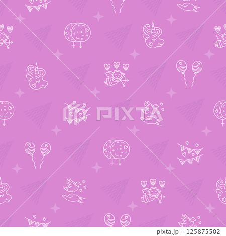Romantic pink seamless pattern, background with flags, angels, unicorns 125875502