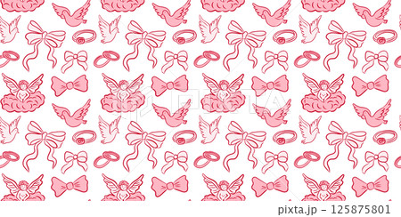 A whimsical pink pattern that features cute bows and lovely angels, perfect for decoration A whimsical pink pattern that features cute bows and lovely angels, perfect for decoration 125875801