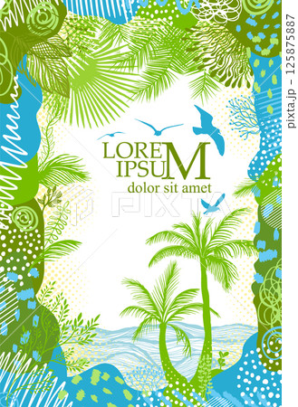 Tropic background frame sea and palm trees. hand drawn. Not AI, Vector illustration 125875887