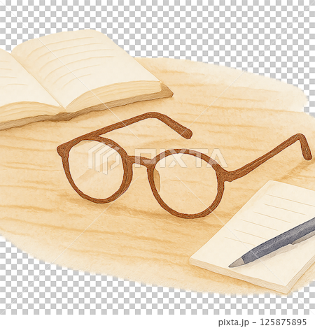 閱讀場景的水彩靜物（眼鏡、筆記本、書本、鋼筆） 125875895