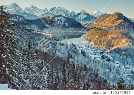 View of snowy mountain landscape with lake and mountains near Neuschwanstein Castle, capturing early morning light in beautiful winter area, showcasing detailed high-quality photograph of icy View of snowy mountain landscape with lake and mountains near Neuschwanstein Castle, capturing early morning light in beautiful winter area, showcasing detailed high-quality photograph of icy 125875987