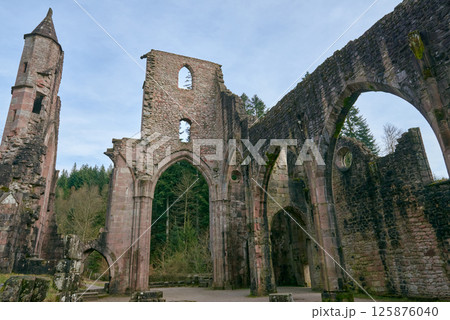 Enchanting Ruins of Medieval Monastery Nestled in Black Forest Germany Scenic Landscape. Ancient Gothic Stone Architecture Surrounded by Lush Nature and Historic Houses Showcases Timeless Beauty 125876040