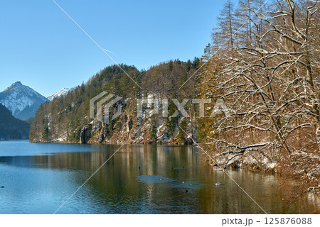Serene Mountainous Lakeside Scene with Calm Reflective Lake, Snow-Dusted Peaks, and Evergreen Trees Under Clear Blue Skies, Featuring a Lone Bird Gliding on Water and a Rocky Cliff with Patches of 125876088