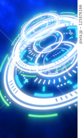 Abstract glowing digital interface with circular HUD elements in white, green, and blue against a deep blue background 125876166