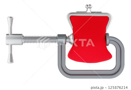 C clamp with coin purse. Financial crisis or recession concept. 3D rendering C clamp with coin purse. Financial crisis or recession concept. 3D rendering 125876214