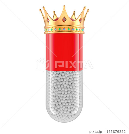 Medicament capsule with golden crown, 3D rendering 125876222
