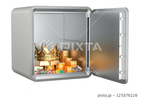 Safe box with Treasures. Golden Crown, gold ingots, colored gems and golden coins, 3D rendering 125876226