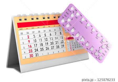 Birth control pills with desk calendar, 3D rendering Birth control pills with desk calendar, 3D rendering 125876233