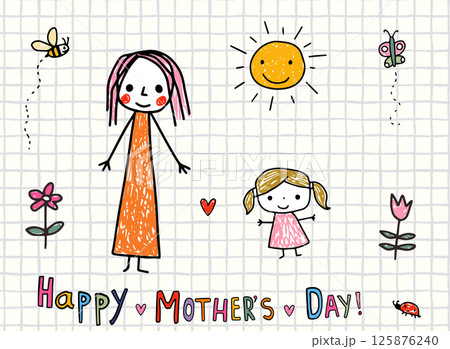 Cute Mother's Day Hand Drawn Stick Figures Greeting Card with Childish Drawings, Mom and Daughter Simple Children Drawings Background 125876240