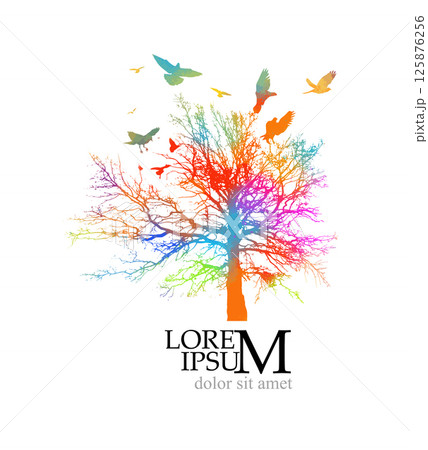 Nature colored. Silhouette of tree and birds. hand drawn. Not AI, Vector illustration Nature colored. Silhouette of tree and birds. hand drawn. Not AI, Vector illustration 125876256