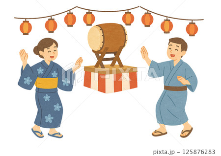 盆踊りのイラスト(浴衣姿の男女・提灯・太鼓) 盆踊りのイラスト(浴衣姿の男女・提灯・太鼓) 125876283