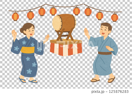 盂蘭盆舞插畫(身著浴衣、手持燈籠和鼓的男女) 盂蘭盆舞插畫(身著浴衣、手持燈籠和鼓的男女) 125876283