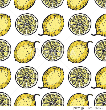 Lemons seamless pattern. Yellow fruits whole and slice. Hand drawn vector illustration. For food and cosmetic labels, jam, lemonade, wrapping paper, textile, fabric, covers, wallpaper. 125876422
