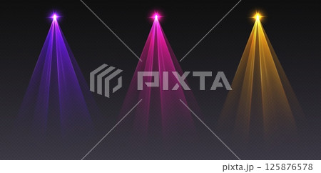 Colorful laser beams, stage decoration, party led effect, neon club spotlights. Podium design element. 125876578