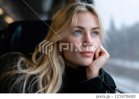 Portrait of a beautiful girl with blue eyes in the train 125876680