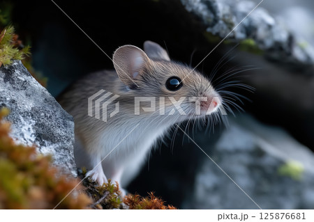 Little mouse on a rock in the forest. Close-up. 125876681