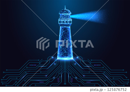 Digital guidance and smart navigation concept with glowing lighthouse and circuit board, vector  125876752