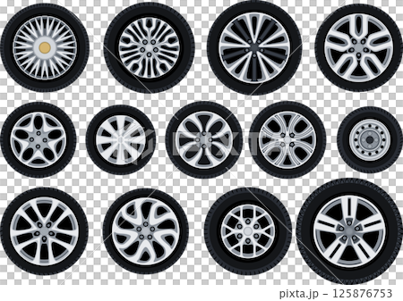 色々な種類の自動車用タイヤとホイールのイラストセット 125876753